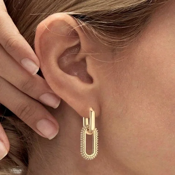 14K GP Thick Gold Paperclip Huggies Crystal Pave 2pc Link Drop Charm Earrings - Picture 2 of 3